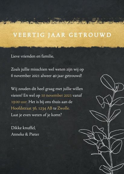 Jubileum uitnodiging met wit takje, gouden streep en foto 3