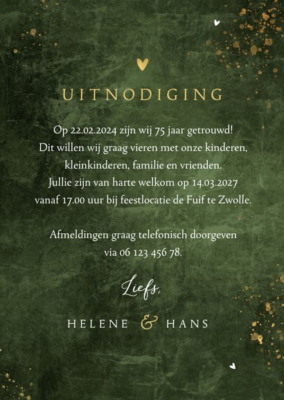 Jubileum uitnodiging75 jaar getrouwd goud groen cijfers 3