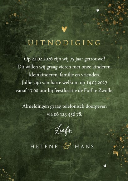 Jubileum uitnodiging75 jaar getrouwd goud groen cijfers 3