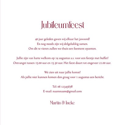 Jubileumfeest robijnen uitnodiging goud hartjes foto 3