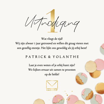 Jubileumfeest uitnodiging 1 jaar getrouwd confetti goud 3