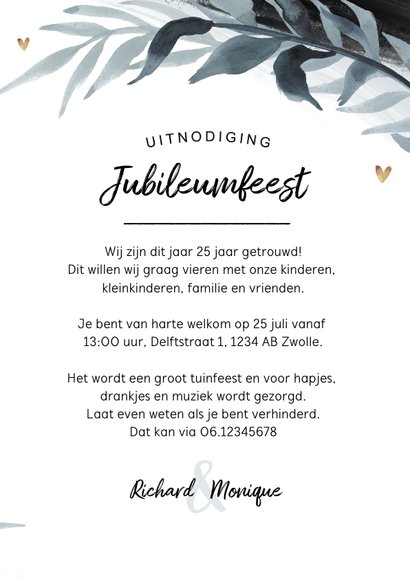 Jubileumfeest uitnodiging 25 jaar tuinfeest stijlvol hartjes 3