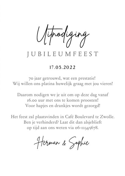 Jubileumfeest uitnodiging 70 jaar platina huwelijk foto 3
