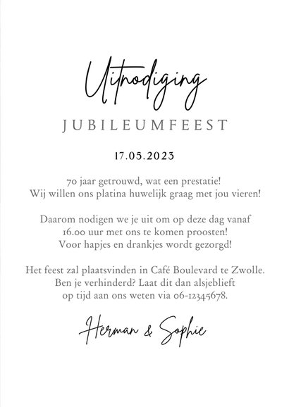 Jubileumfeest uitnodiging 70 jaar platina huwelijk foto 3