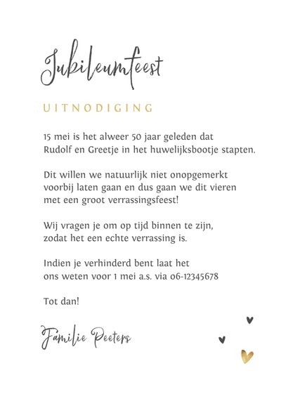 Jubileumfeest uitnodiging stijlvol hartjes liefde goud 3