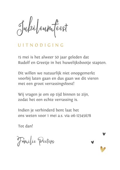 Jubileumfeest uitnodiging stijlvol hartjes liefde goud 3