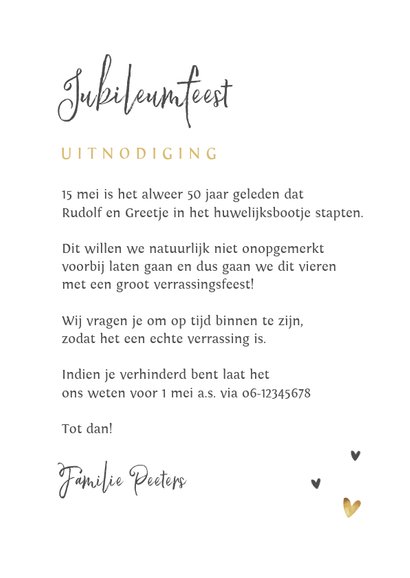 Jubileumfeest uitnodiging stijlvol hartjes liefde goud 3