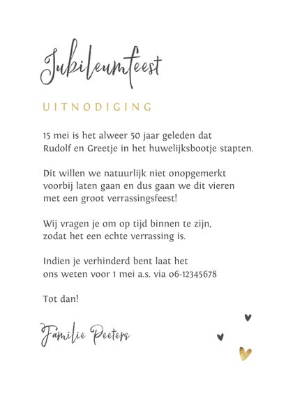 Jubileumfeest uitnodiging stijlvol hartjes liefde goud 3