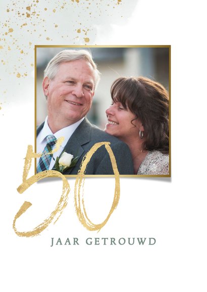 Jubileumkaart 50 jaar met waterverf takje en gouden spetters 2