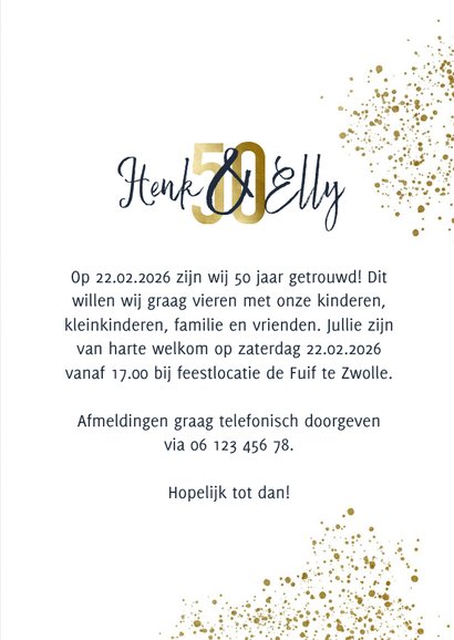 Jubileumkaart 50 jaar stijlvol goudlook met foto en spetters 3