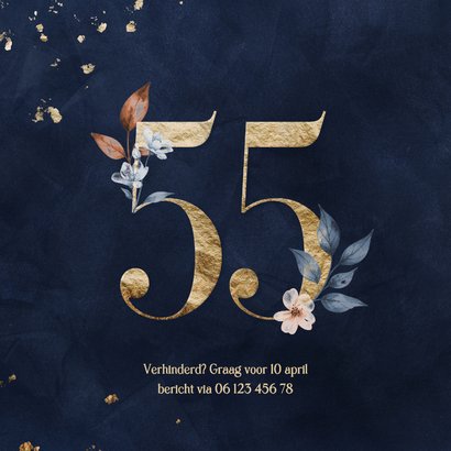 Jubileumkaart 55 jaar goud met aquarel bloemen 2