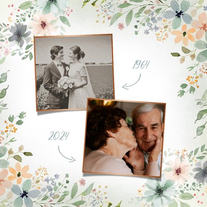 Jubileumkaart 60 jaar getrouwd bloemenkader hartjes koper 2