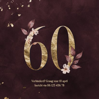 Jubileumkaart 60 jaar goud met aquarel bloemen 2