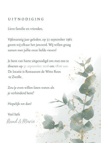 Jubileumkaart 65 jaar getrouwd met waterverf takje en goud 3