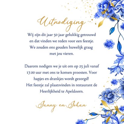 Jubileumkaart Delfts blauw goud uitnodiging 3