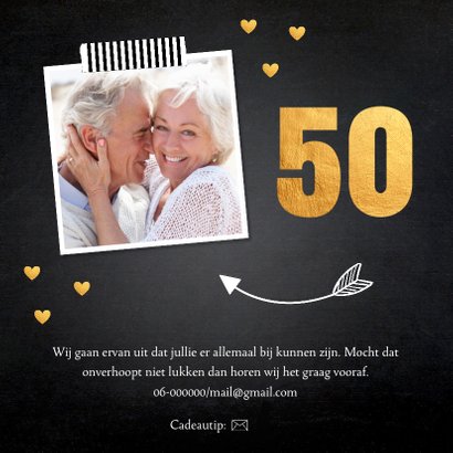 Jubileumkaart foto hartjes goud 50 jaar 2