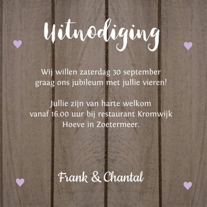 Jubileumkaart foto houtlook hartjes paars 3
