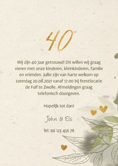 Jubileumkaart foto met takjes, gouden hartjes en waterverf 3