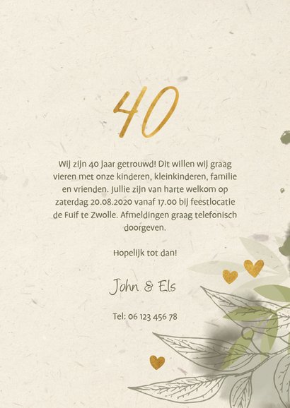 Jubileumkaart foto met takjes, gouden hartjes en waterverf 3