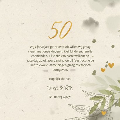 Jubileumkaart foto takjes gouden hartjes en waterverf groen 3