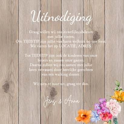 Jubileumkaart huwelijk hout foto bloemen 50 jaar getrouwd 3