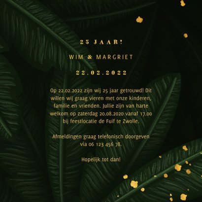Jubileumkaart jungle bladeren met foto en gouden '25' 3