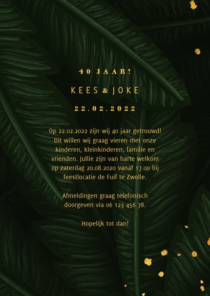 Jubileumkaart jungle bladeren met gouden '40' en foto 3