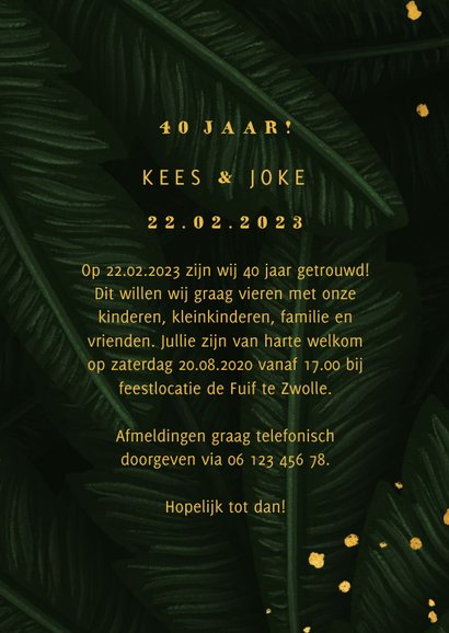 Jubileumkaart jungle bladeren met gouden '40' en foto 3