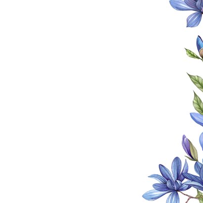 Jubileumkaart met blauwe magnolia bloemen Achterkant