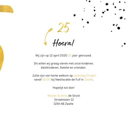 Jubileumkaart met gouden 25, spetters en foto 3