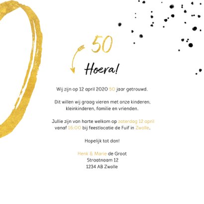 Jubileumkaart met gouden 50, spetters en foto 3