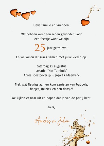 Jubileumkaart met klinkende champagne en hartjes 3