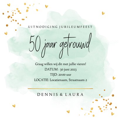 Jubileumkaart mintgroen waterverf 50 jaar getrouwd goudlook 3