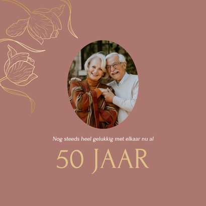 Jubileumkaart roest bruin met vintage tulpen goudfolie 2
