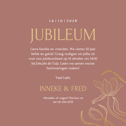 Jubileumkaart roest bruin met vintage tulpen goudfolie 3