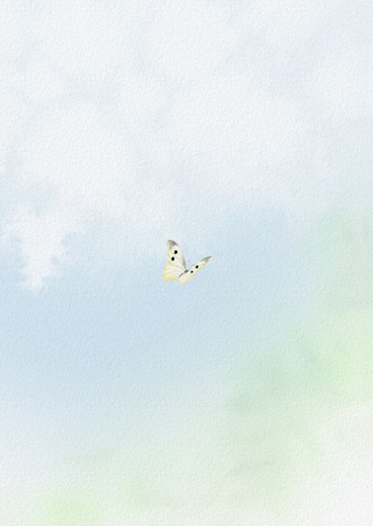 Jubileumkaart roze bloesem met vogels en vlinder Achterkant