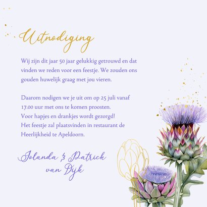 Jubileumkaart uitnodiging artisjok bloemen goud 3