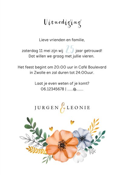Jubileumkaart uitnodiging klassiek en stijlvol met bloemen 3