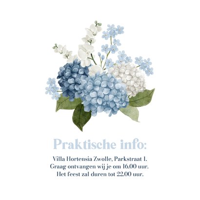 Jubileumkaart uitnodiging stijlvol hortensia's bloemen blauw 2