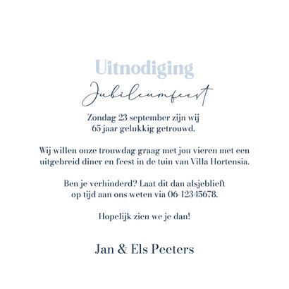 Jubileumkaart uitnodiging stijlvol hortensia's bloemen blauw 3