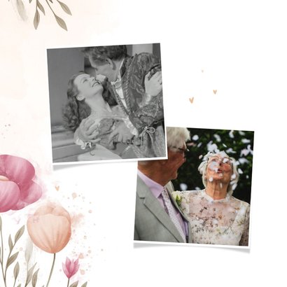 Jubileumkaart waterverf bloemen met foto en koperen hartjes 2