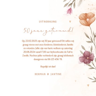 Jubileumkaart waterverf bloemen met foto en koperen hartjes 3