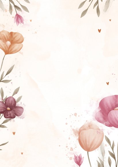 Jubileumkaart waterverf bloemen met koperen hartjes Achterkant