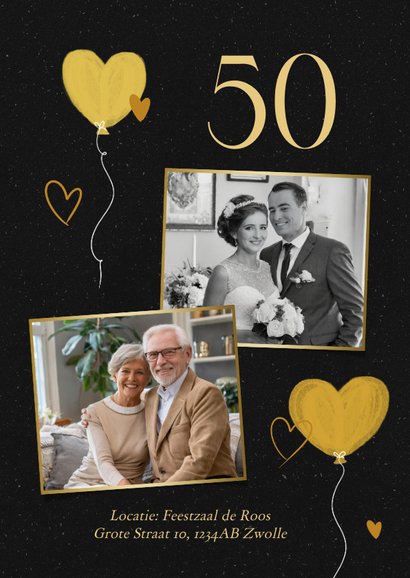Jubileumkaart zwart met goud 50 jaar hartjes ballonnen 2