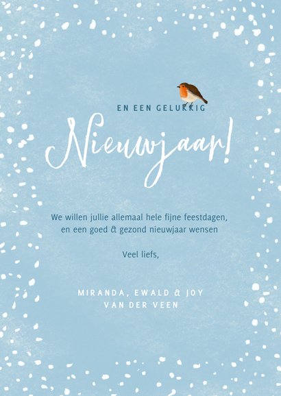 Kerskaart met illustratie van roodborstje in de winter 3