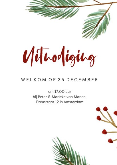 Kerst diner kaart met kerstboom takjes en rode besjes 3
