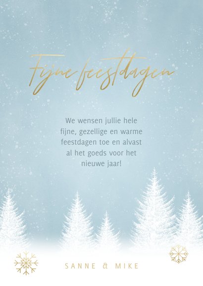 Kerst fotokaart sneeuwvlokken, bomen en 'Fijne Feestdagen' 3