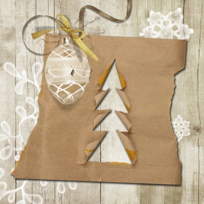 Kerstkaart trendy hout en papier kerstboompjes 2