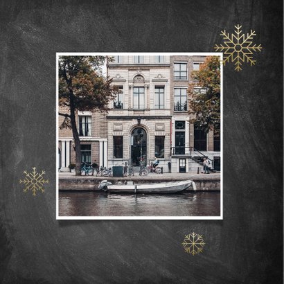 Kerst verhuiskaart krijtbord sterren sneeuwvlokken en huis 2