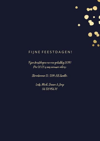 Kerst-verhuiskaart met gouden spetters en typografie 3